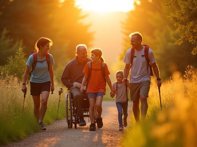 Diverse group of people of varying ages and abilities enjoying an accessible outdoor trail, smiling and interacting