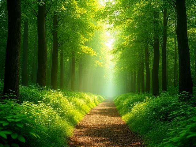 Lush green forest path, sunlight filtering through trees, symbolizing environmental sustainability