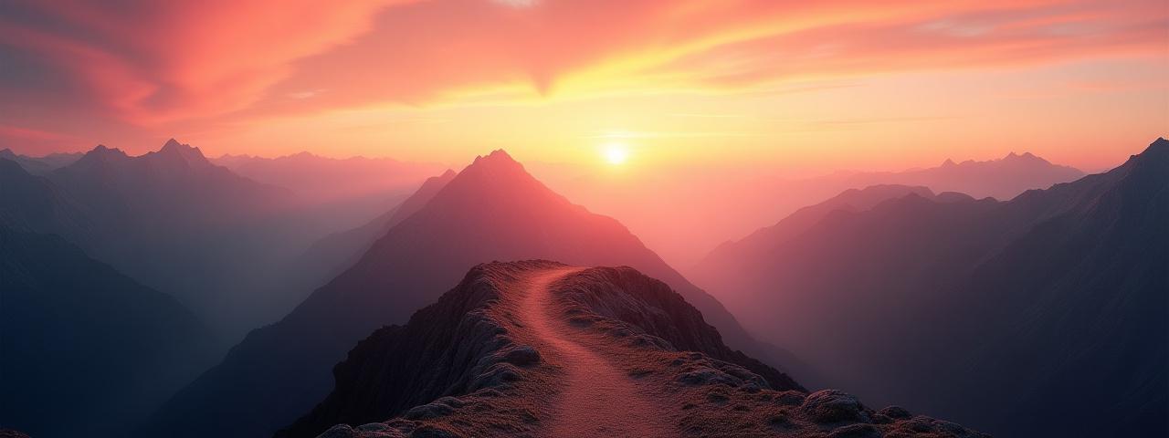 Majestic mountain panorama at sunset, with a clear trail leading towards the horizon, symbolizing a journey ahead