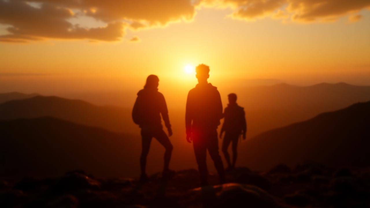 Team of Novrendialthura founders silhouetted against a mountain sunrise, symbolizing new beginnings and adventure