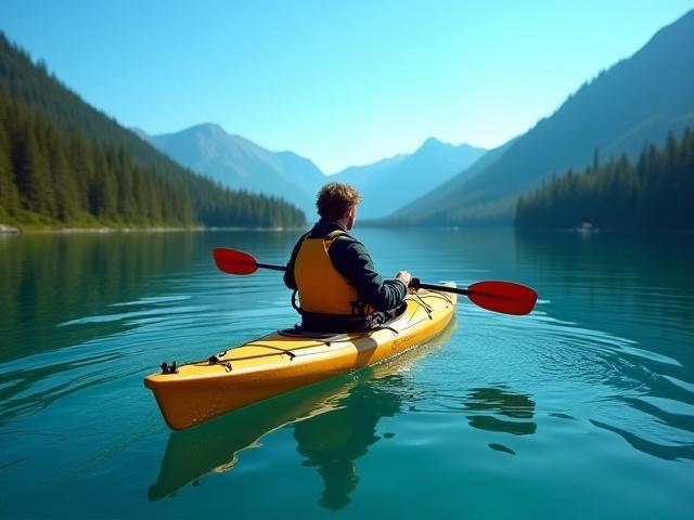 A person in an adaptive kayak paddling calmly across a serene lake, reflecting the clear sky and surrounding trees.