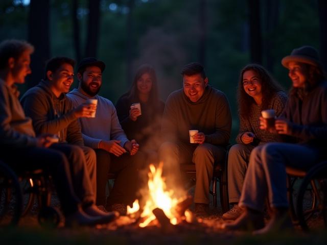 A diverse group of participants, some using mobility aids, gathered around a crackling campfire at dusk, laughing and sharing stories.
