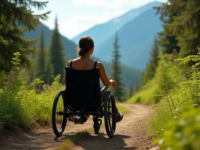 A jubilant participant in a specialized trail wheelchair (Trail-Rider) at a mountain overlook, surrounded by lush forest and distant peaks.
