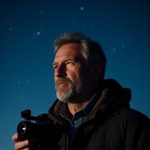 Profile of lead astrophotographer Elias Thorne looking at the night sky with a camera