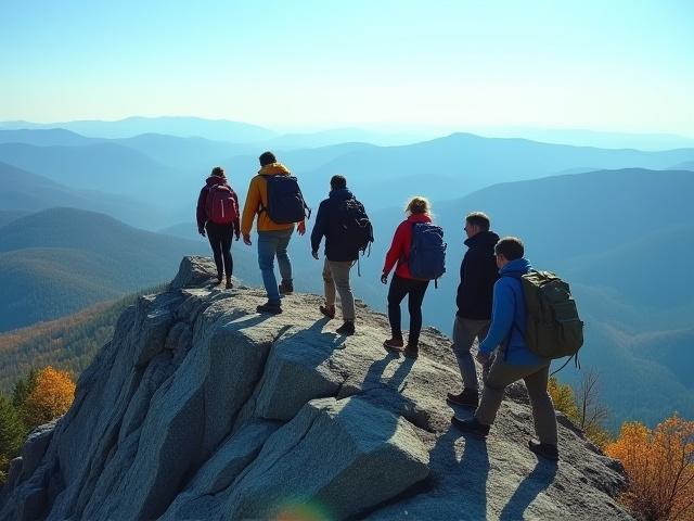Distant view of a group summiting a rocky peak in the Adirondacks, celebrating their achievement.