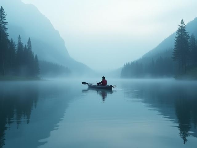 Person kayaking on a calm, misty lake at dawn, holding a camera to capture the scenic beauty.