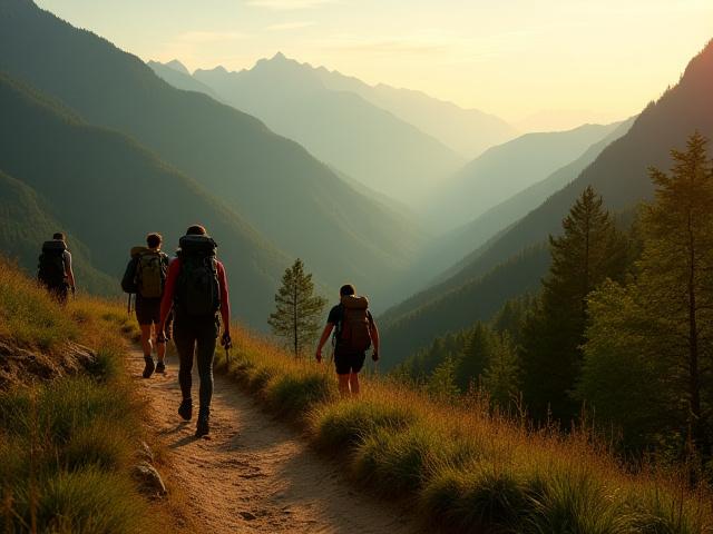 Panoramic view of hikers on a mountain trail at sunrise, suggesting multi-day trekking and camping.