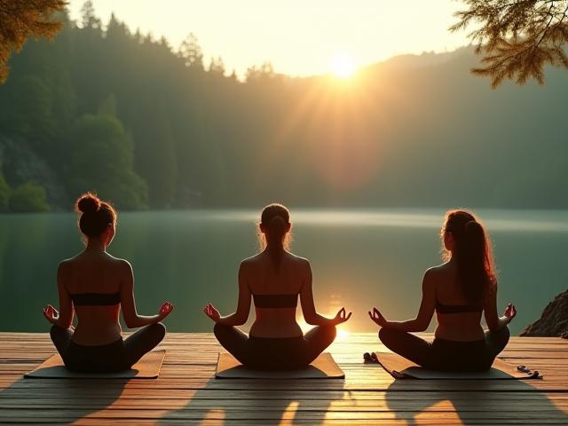 Group performing yoga poses on a wooden deck overlooking a peaceful forest and lake, suggesting a wellness retreat.
