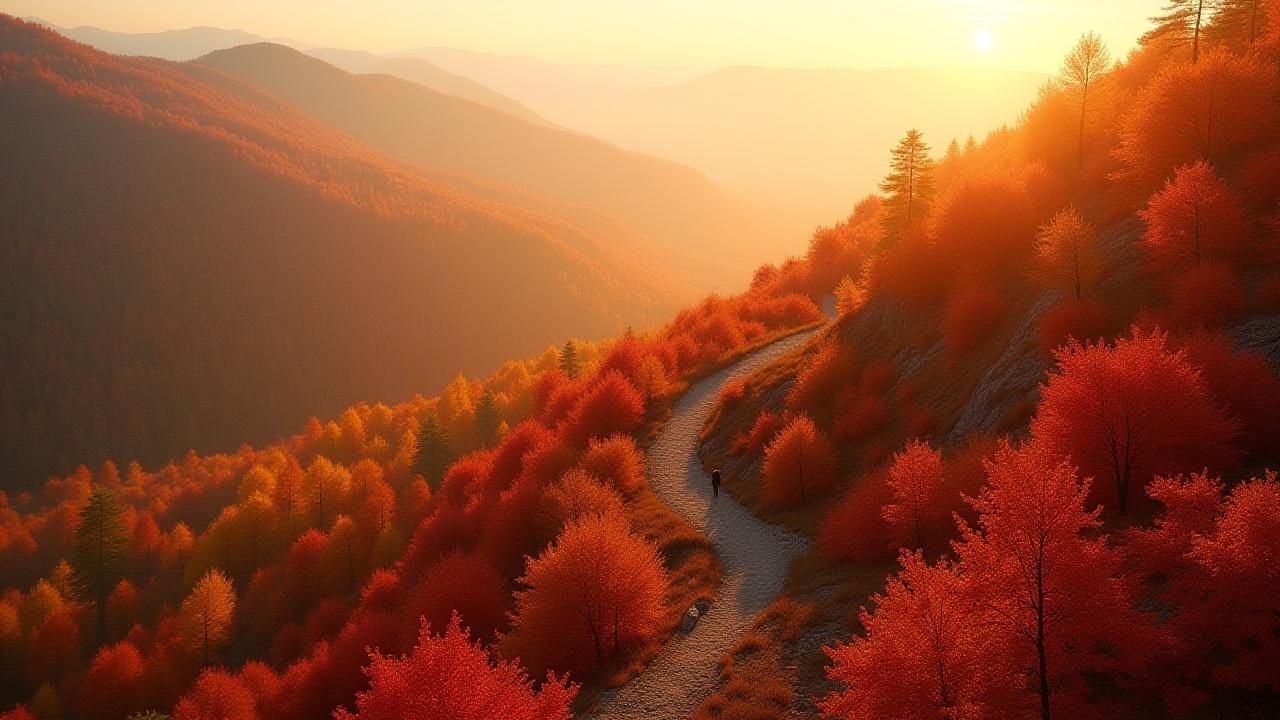 A hiker traversing a vibrant autumn ridge trail, with trees displaying brilliant red, orange, and yellow foliage extending to the horizon.