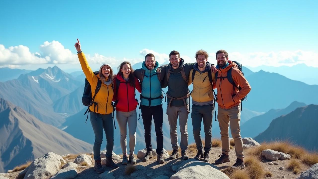 A diverse group of hikers celebrating on a mountain summit, arms raised in triumph, with a clear blue sky and distant peaks.