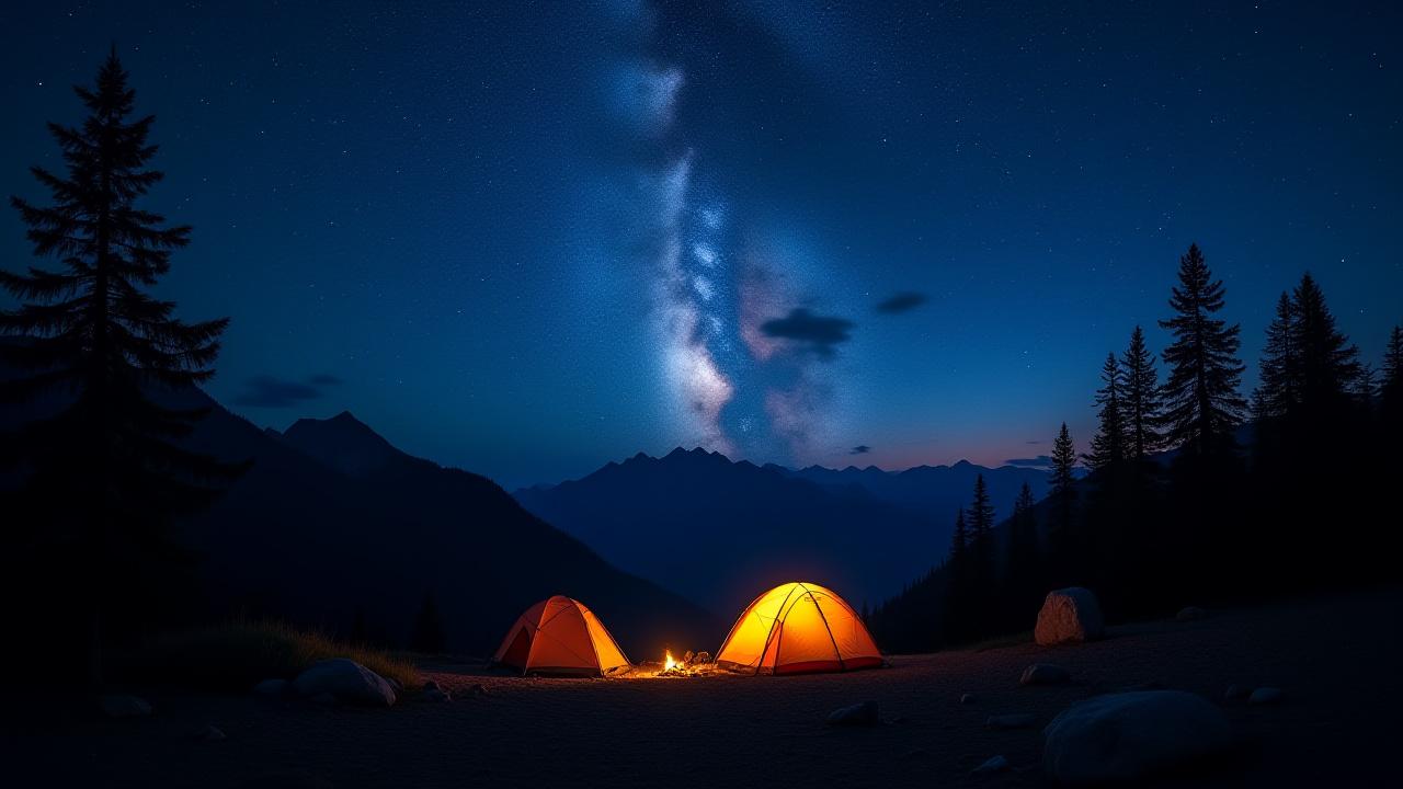 A cozy mountain campsite lit by headlamps under a vast, star-filled night sky, showing the Milky Way over silhouetted peaks.