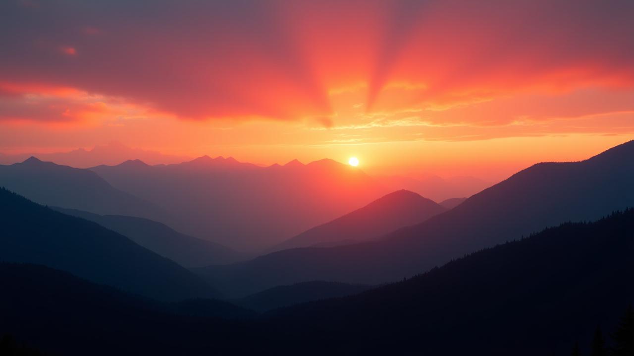 Sunrise over Cascade Mountain, revealing vibrant orange and pink skies above a jagged mountain range.