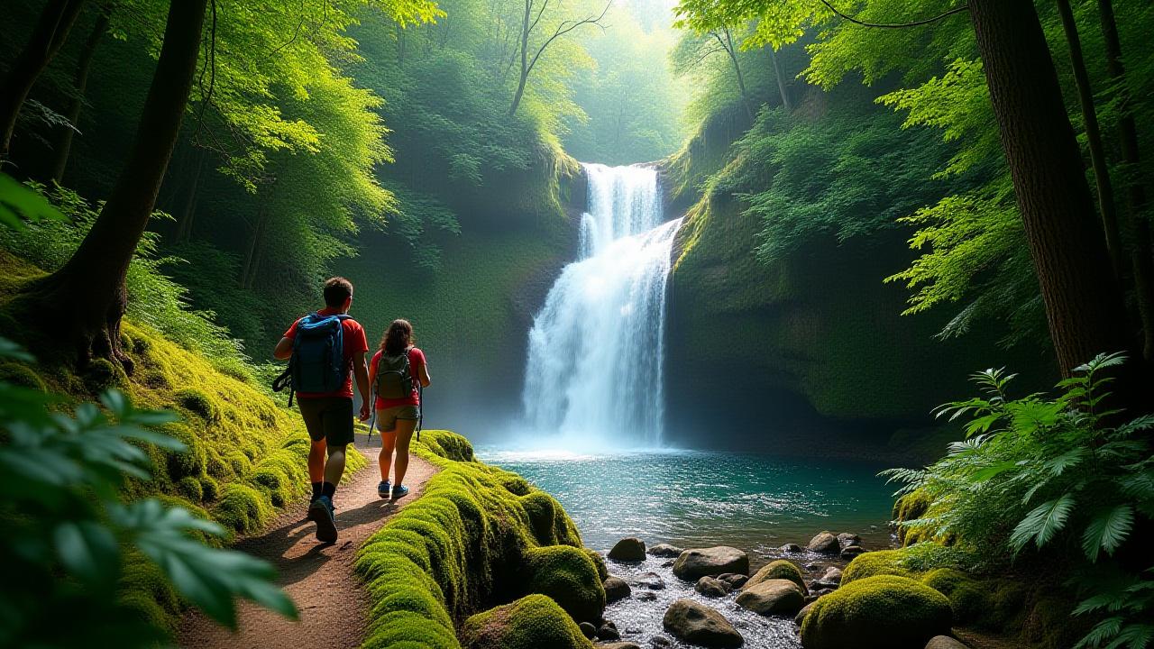 Hikers on a trail next to a multi-tiered waterfall, surrounded by lush green moss and dense forest in the Adirondacks.
