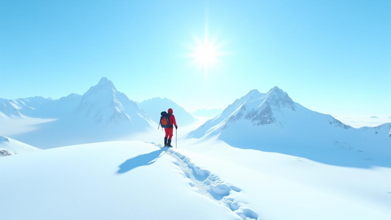 An experienced hiker standing on a snow-covered winter summit, facing vast, pristine white mountain ranges under a cold, clear sky.