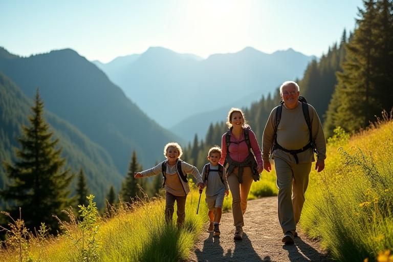 A multi-generational family hiking together on a sunny mountain trail, laughing and enjoying the view.