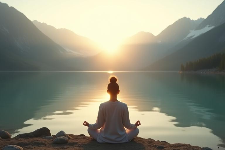 Person meditating at sunrise by an alpine lake, surrounded by mountains, evoking peace and serenity.