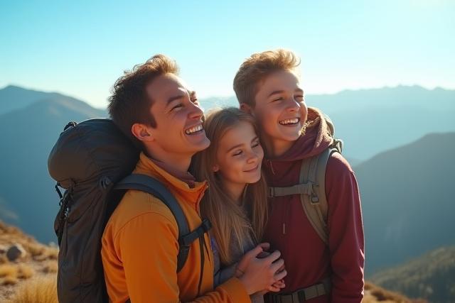 The Miller family, including two young children, happily reaching a scenic mountain summit, looking accomplished.