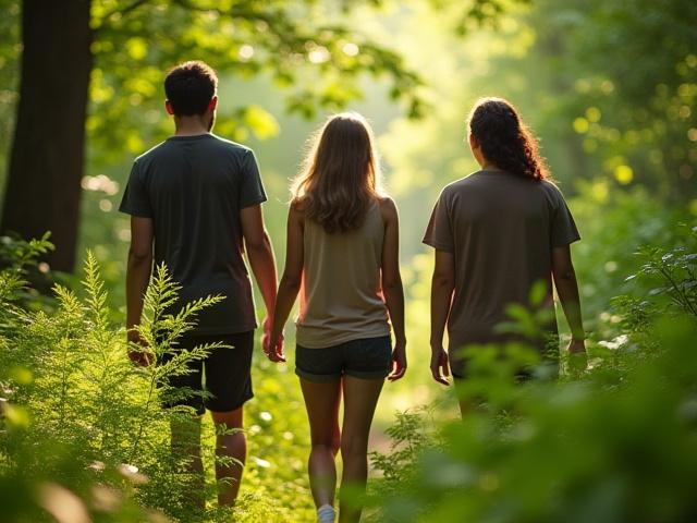 Group enjoying a guided mindfulness hike through a lush forest