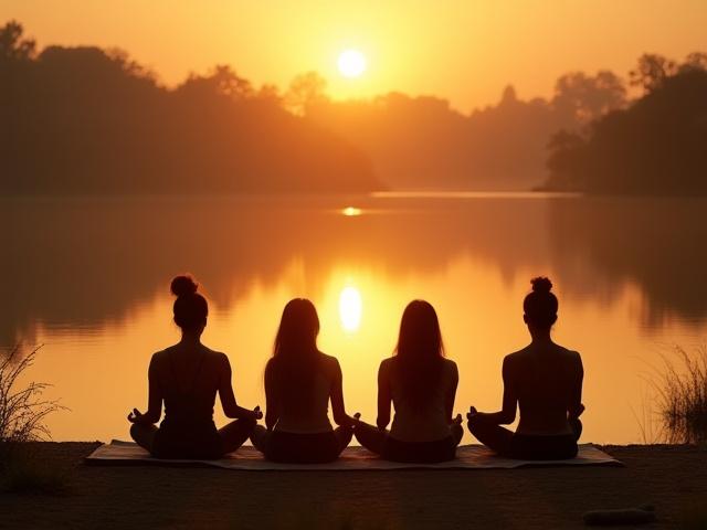 Group meditating peacefully by a calm lake at sunrise