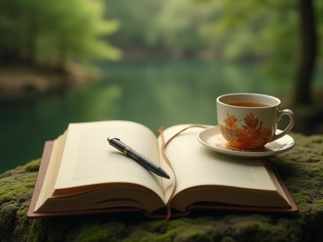 Open journal with a pen amidst a calming natural setting