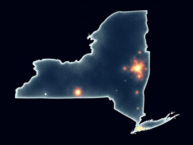 Map showing low light pollution zones within New York state, highlighting designated dark sky parks.