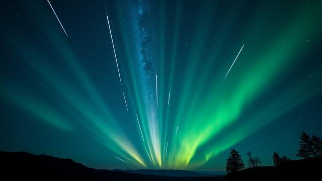 Streaks of the Perseid meteor shower across a dark night sky