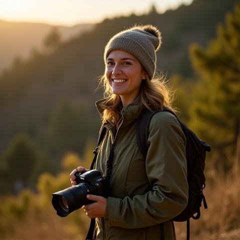 Photo of Elara Stone, lead photography instructor, in a mountain environment with camera