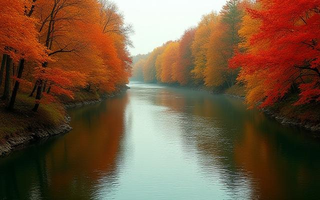 A vibrant autumn forest reflected in a still river, taken by a workshop participant