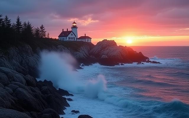 A rugged coastal lighthouse at sunrise, with waves crashing, captured by a workshop participant