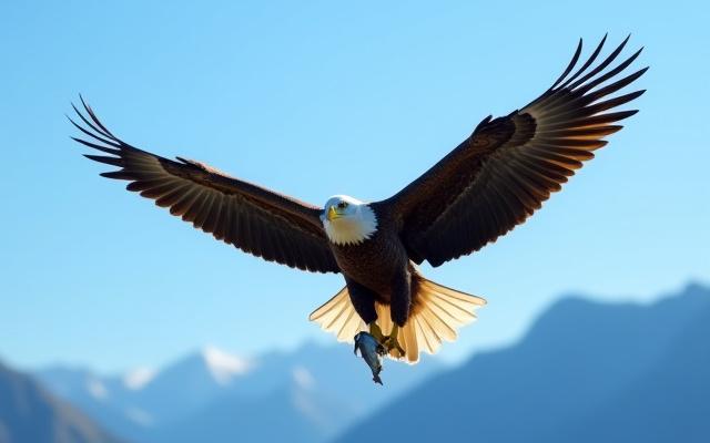 A bald eagle in flight over a lake, captured sharply by a workshop participant