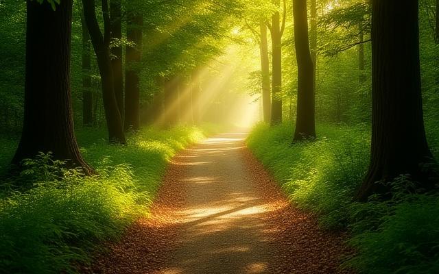 A serene forest path illuminated by dappled sunlight, taken by a workshop participant
