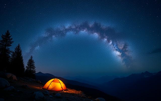 A dramatic wide-angle shot of the Milky Way galaxy over a mountain campsite, taken by a workshop participant