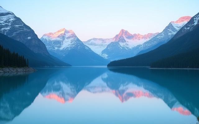 A perfectly clear mountain lake reflecting snow-capped peaks at dawn, taken by a workshop participant